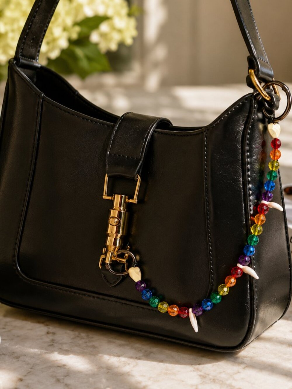Rainbow Beaded Bag Charm with White Heart Beads